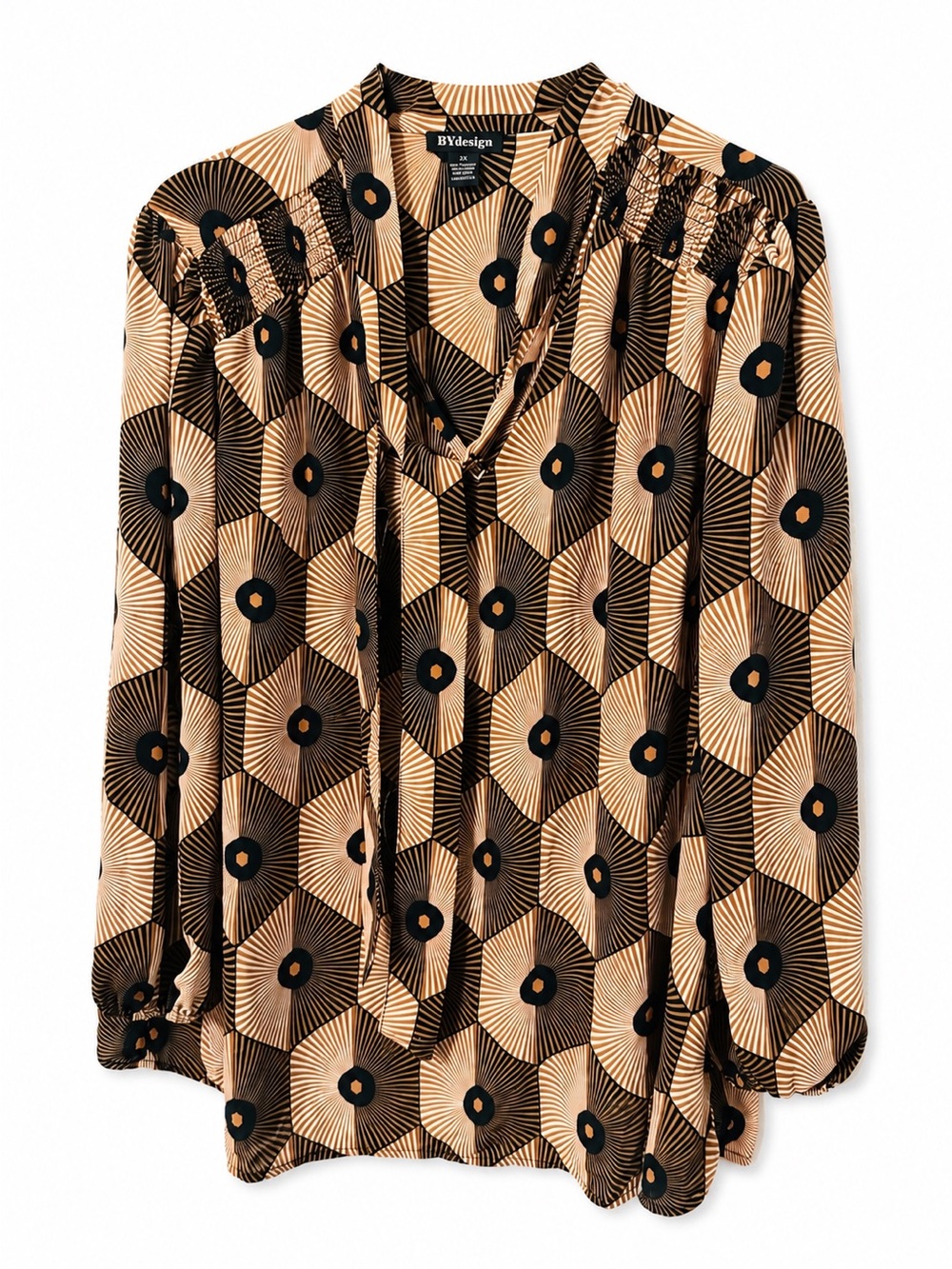 BYdesign Women’s 2X Retro Geometric Blouse Brown Black Tie Neck Long Sleeve